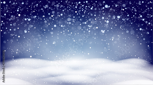 Winter snow background, falling snow, snowflakes. Christmas blue vector landscape.