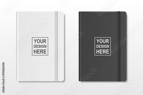 Vector 3d Realistic Textured White and Black Closed Blank Paper Notebook Set Isolated on Transparent Background. Design Template of Copybook with Elastic Band for Mockup, Logo Print. Top View