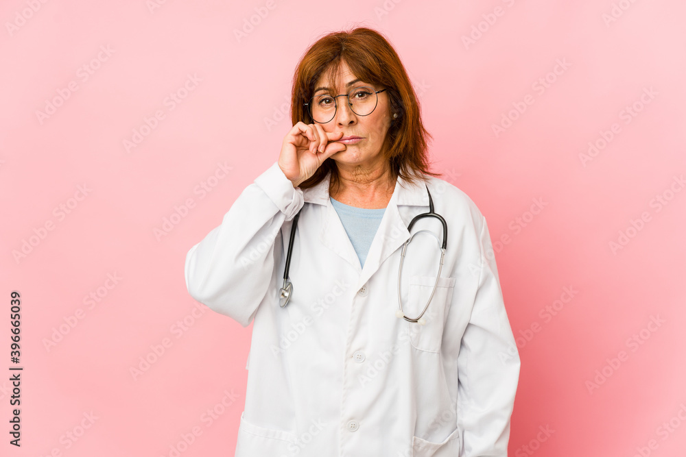 Middle age caucasian doctor woman isolated with fingers on lips keeping a secret. Middle age caucasian doctor woman isolated with fingers on lips keeping a secret.