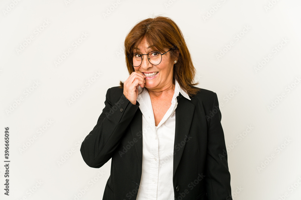 Middle age caucasian business woman isolated biting fingernails, nervous and very anxious. Middle age caucasian business woman isolated biting fingernails, nervous and very anxious.
