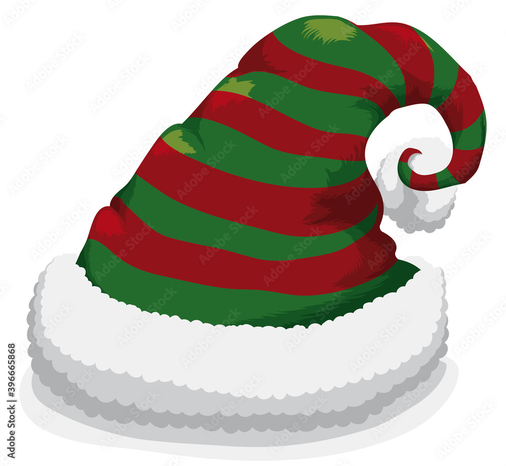 Isolated Stripped Santa's Hat in Green and Red Colors with Pompom, Vector Illustration Isolated Stripped Santa's Hat in Green and Red Colors with Pompom, Vector Illustration