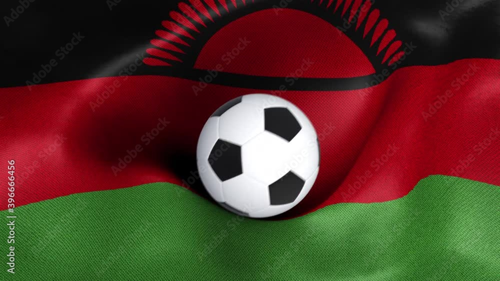 Seamless looping 3d animated flag of Malawi with a soccer balls