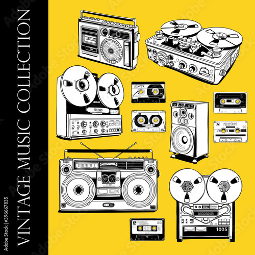 Set of a Vintage different Recording equipment. Audio tape cassettes, portable boombox, radio, player recorder, powered desktop speaker. Hand drawn style print. Vector illustration.