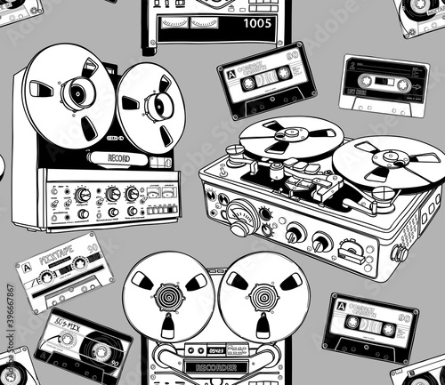 Seamless pattern. Vintage different Tape recorders and Audio Cassettes. Poster, card, t-shirt composition, hand drawn style print. Vector black and white illustration.