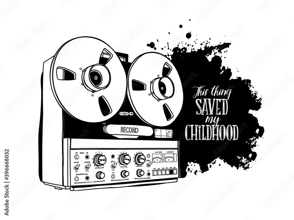 Vintage old Tape recorder. This thing saved my childhood - lettering quote. Humor poster, t-shirt composition, hand drawn style print. Vector black and white illustration.