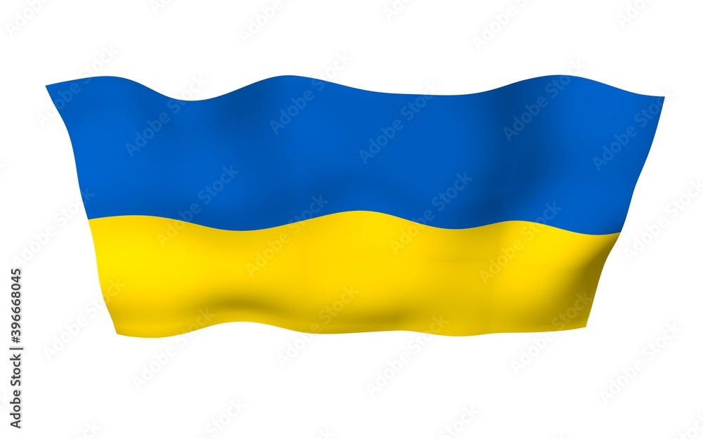 The flag of Ukraine on a white background. National flag and state ensign. Blue and yellow bicolour. 3D illustration waving flag The flag of Ukraine on a white background. National flag and state ensign. Blue and yellow bicolour. 3D illustration waving flag