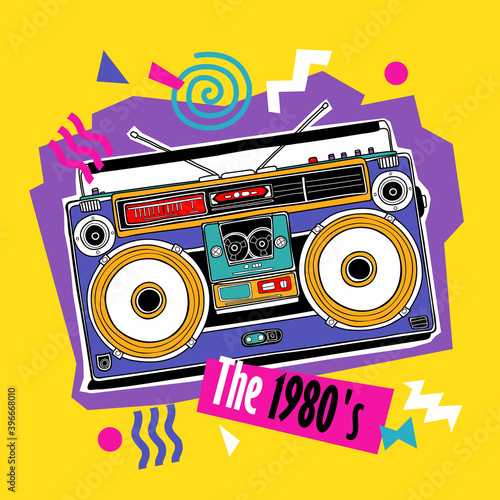 Bright colored poster in a Zine Culture style. Vintage Recording equipment, portable boombox, radio. The 1980's– lettering quote. Humor t-shirt composition, hand drawn style print. Vector illustration