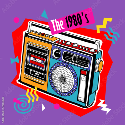 Bright colored poster in a Zine Culture style. Vintage Recording equipment, portable boombox, radio. The 1980's– lettering quote. Humor t-shirt composition, hand drawn style print. Vector illustration