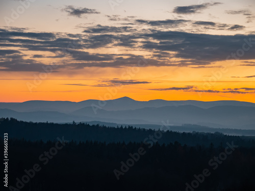Beautiful view on sunset over Sudetes mountains  Poland