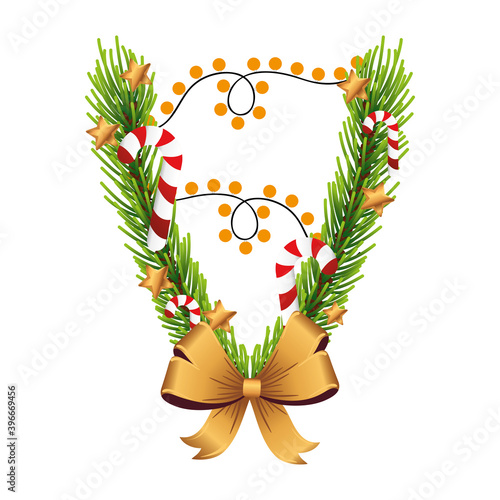 christmas golden bow with pine leafs and lights vector illustration design