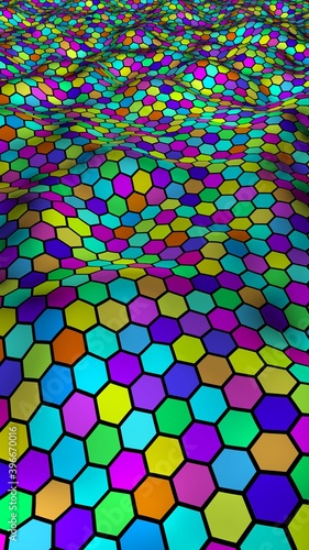 Honeycomb multi-colored. Perspective view on polygon look like honeycomb. Wavy surface. Isometric geometry. 3D illustration