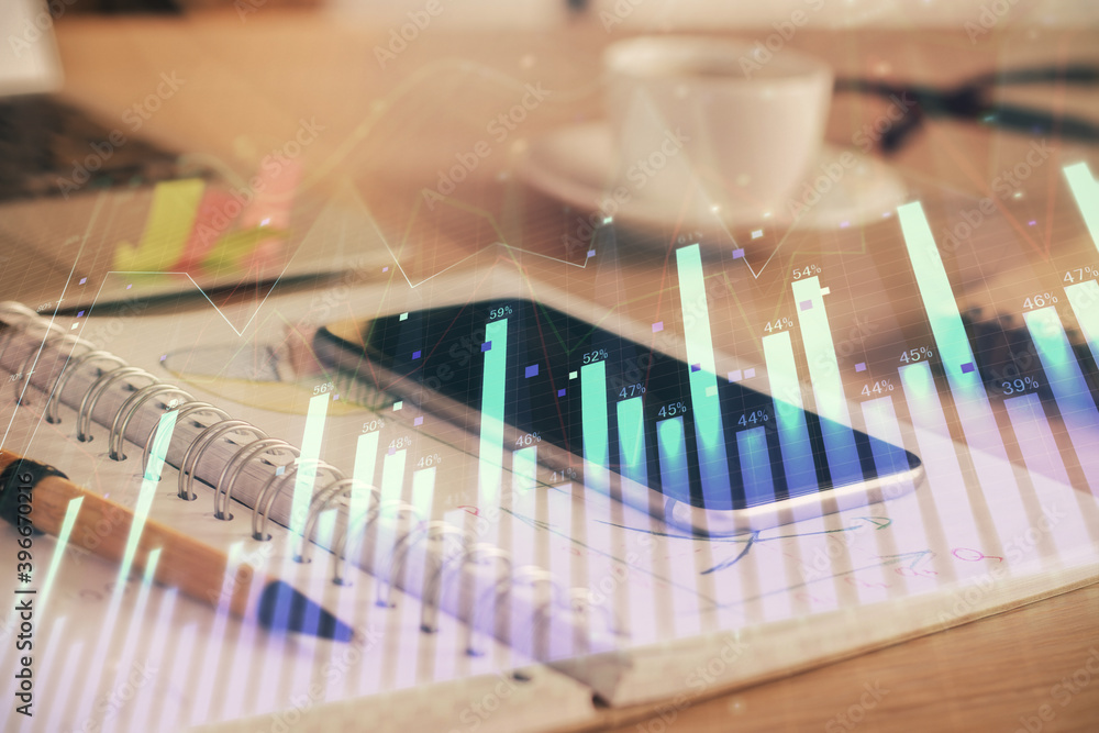 Double exposure of forex chart drawing and cell phone background. Concept of financial data analysis