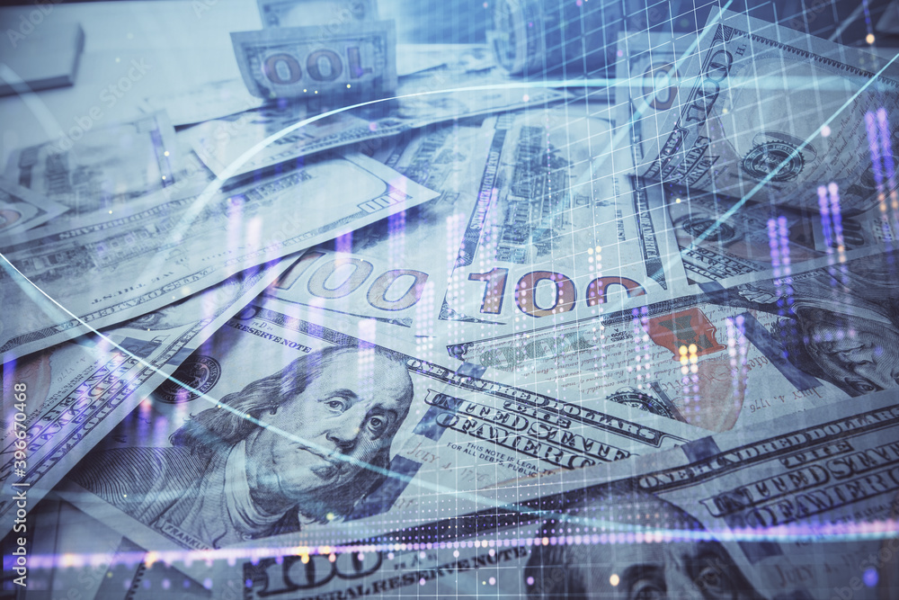 Multi exposure of forex chart drawing over us dollars bill background. Concept of financial success markets. Multi exposure of forex chart drawing over us dollars bill background. Concept of financial success markets.