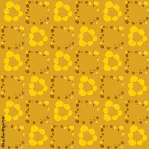 Fortuna gold geometric pattern of small and large circles and bubbles. Fortuna gold background with yellow, brown chain