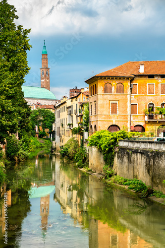 Torre Bissara reflected in the Retrone River in Vicenza, Italy
