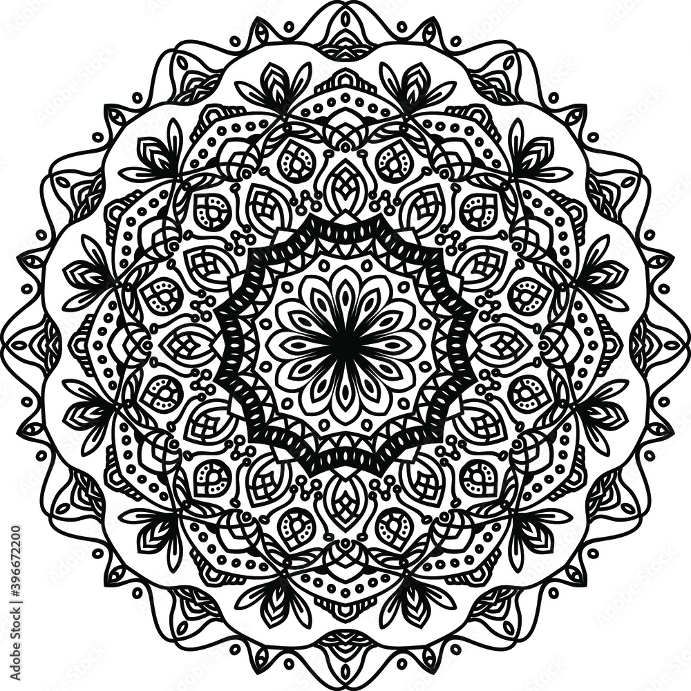 Hand-drawn coloring mandala. Coloring book page. Cloth design element, yoga logo, henna, tattoo.