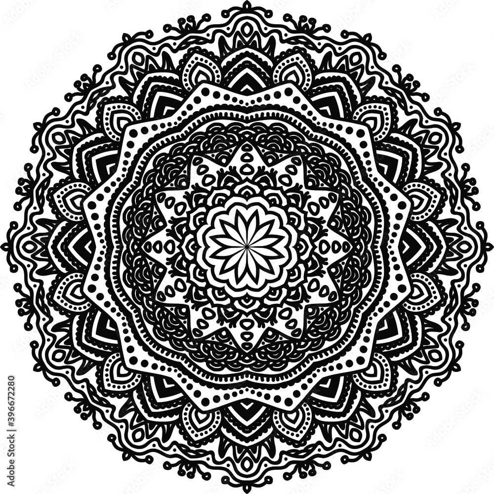 Hand-drawn coloring mandala. Coloring book page. Cloth design element, yoga logo, henna, tattoo.