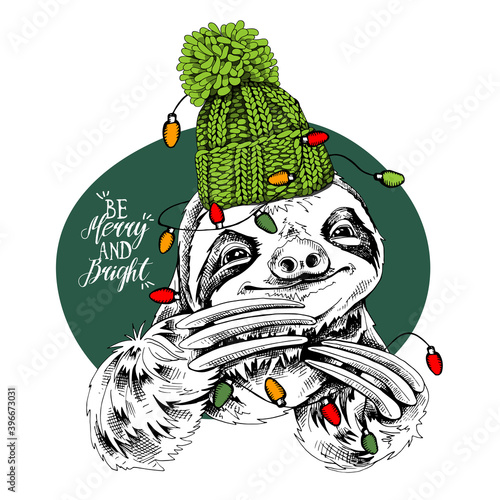 Adorable smiling sloth in a green knitted hat and with a light. Be merry and bright - lettering quote. Christmas and New year card, Humor composition, hand drawn style print. Vector illustration.