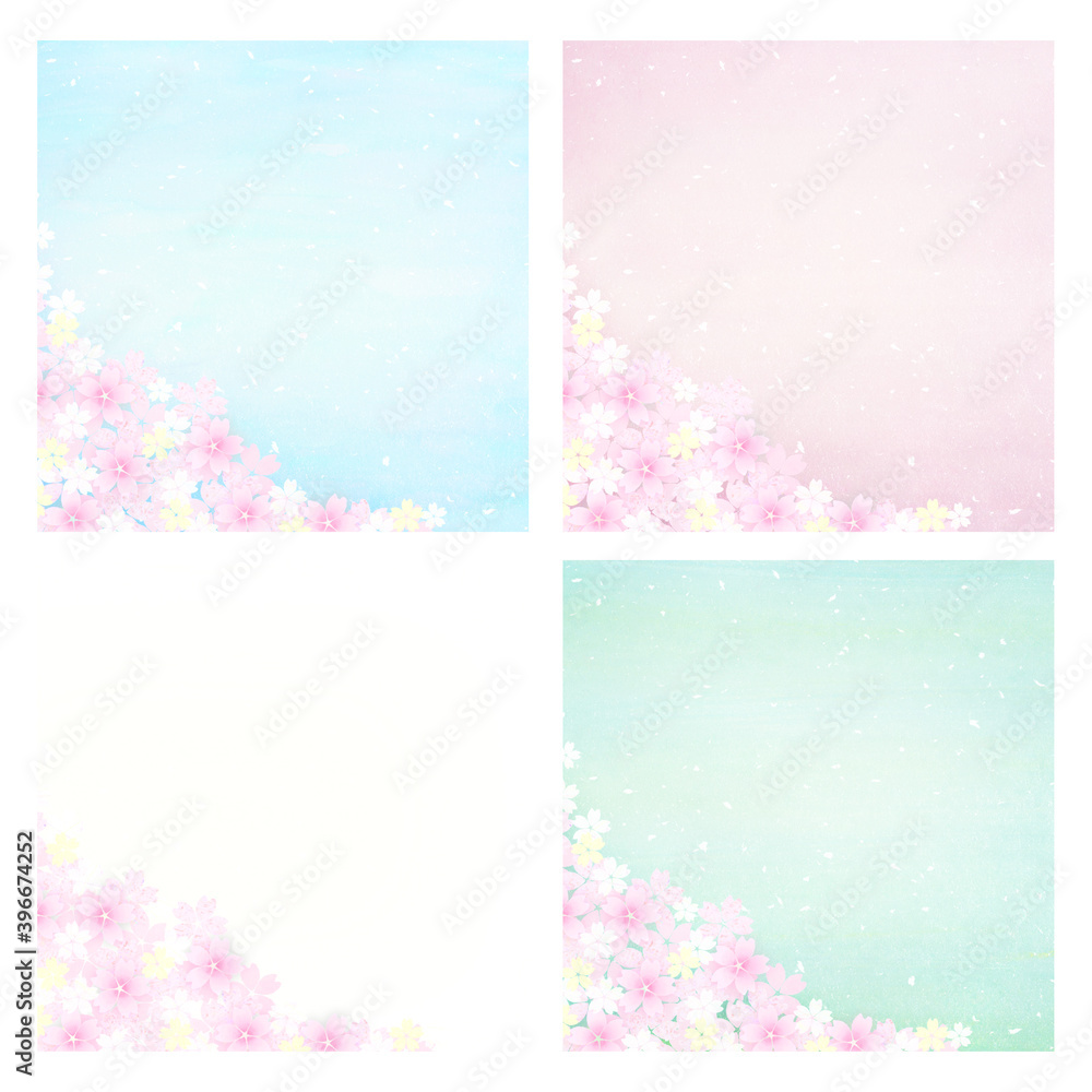 正方形　桜と華やかな空の背景イラストセット1