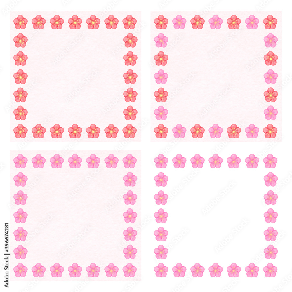 正方形　赤とピンクの梅の花フレームイラストセット
