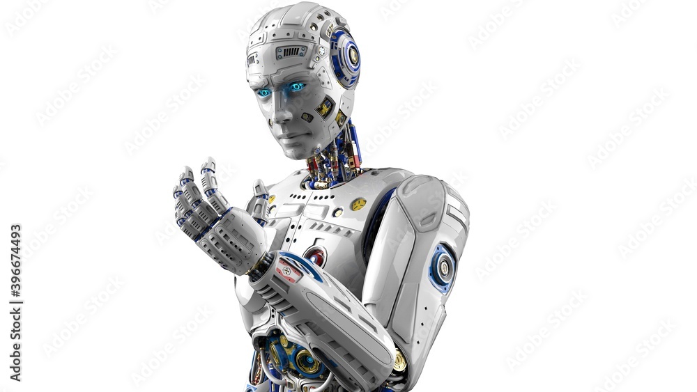 Detailed appearance of the AI robot staring at its own hand　under white background. 3D illustration. 3D high quality rendering. 3D CG.
