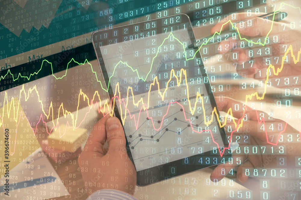 Double exposure of man's hands holding and using a phone and financial chart drawing. Market analysis concept. Double exposure of man's hands holding and using a phone and financial chart drawing. Market analysis concept.