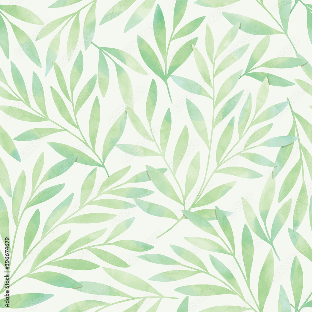 Watercolor seamless floral pattern. Botanical modern background with leaves. Hand-drawn illustration for fabric, textile, wallpaper, print design.