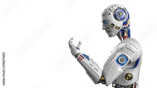 Detailed appearance of the AI robot staring at its own hand under white background. 3D illustration. 3D high quality rendering. 3D CG.