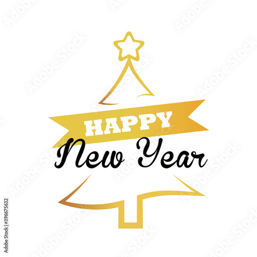 happy new year lettering card with golden christmas tree and ribbon