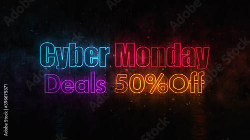 Dramatic Colorful Neon Light Of Cyber Monday Deals 50 Percent Off Lettering With Reflection Light On Wet Floor Against Dark Misty Background