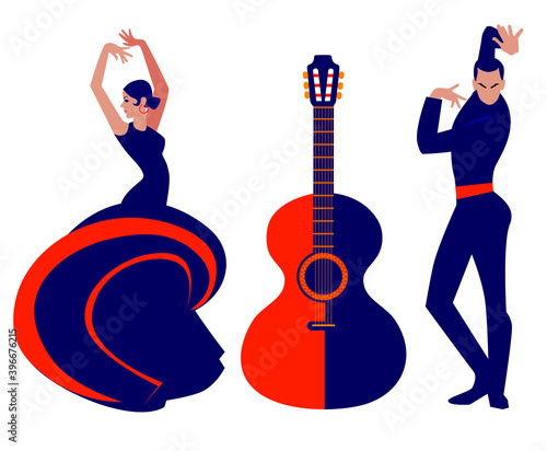 woman and man dancing flamenco with guitar vector illustration