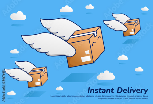 flying fast parcel package with wing instant delivery illustration flat vector cartoon