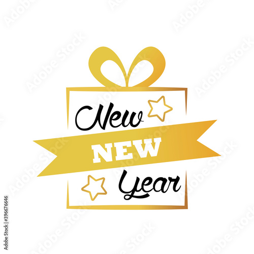 happy new year lettering card with golden gift