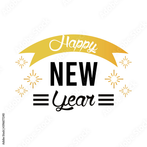 happy new year lettering card with golden ribbon and snowflakes