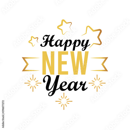happy new year lettering card with golden stars and ribbon