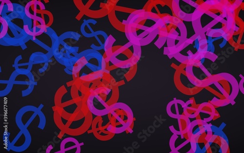 Multicolored translucent dollar signs on dark background. Red tones. 3D illustration