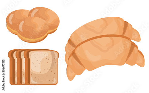 three breads delicious pastry products icons vector illustration design