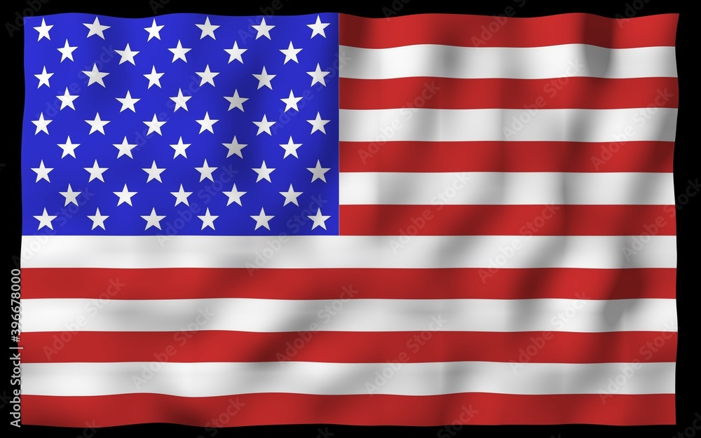Fototapeta premium Waving flag of the United States of America on a dark background. Stars and Stripes. State symbol of the USA. 3D illustration