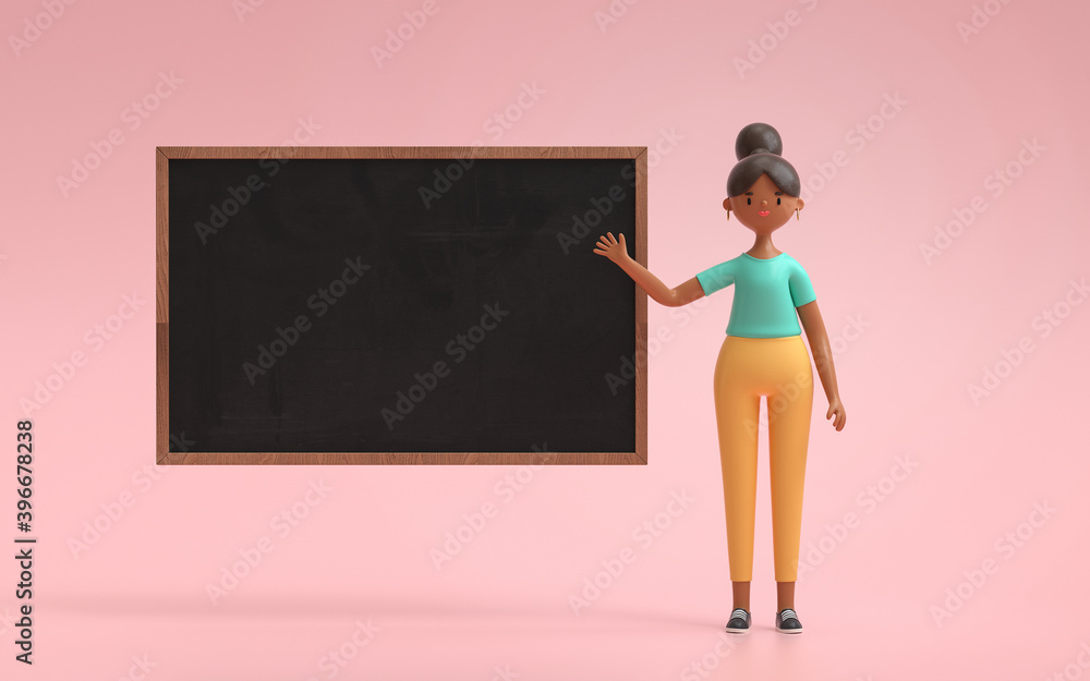 A woman standing near blackboard and pointing something. business concept. 3d rendering,conceptual image. A woman standing near blackboard and pointing something. business concept. 3d rendering,conceptual image.