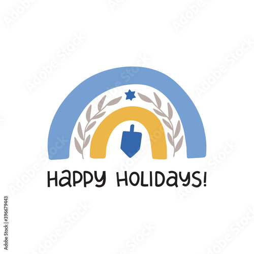 Hanukkah vector celebration typography. Jewish holiday greeting card. Happy Holidays quote. Chanukah wishes isolated on white. Hand drawn Hanuka festive rainbow, dreidel illustration.