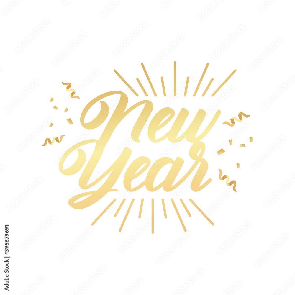 happy new year golden lettering in sunburst frame with confetti