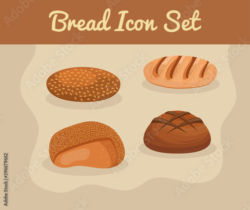 four breads delicious and pastry products lettering vector illustration design