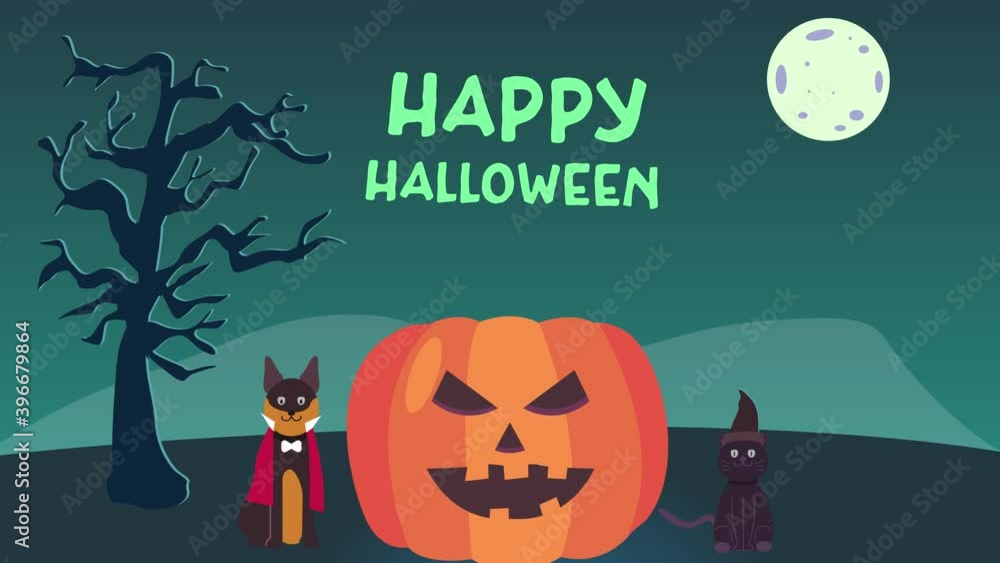 Dog and cat animation wearing halloween costume while standing near a spooky pumpkin with Happy halloween text in night sky. Shot in 4k resolution Dog and cat animation wearing halloween costume while standing near a spooky pumpkin with Happy halloween text in night sky. Shot in 4k resolution