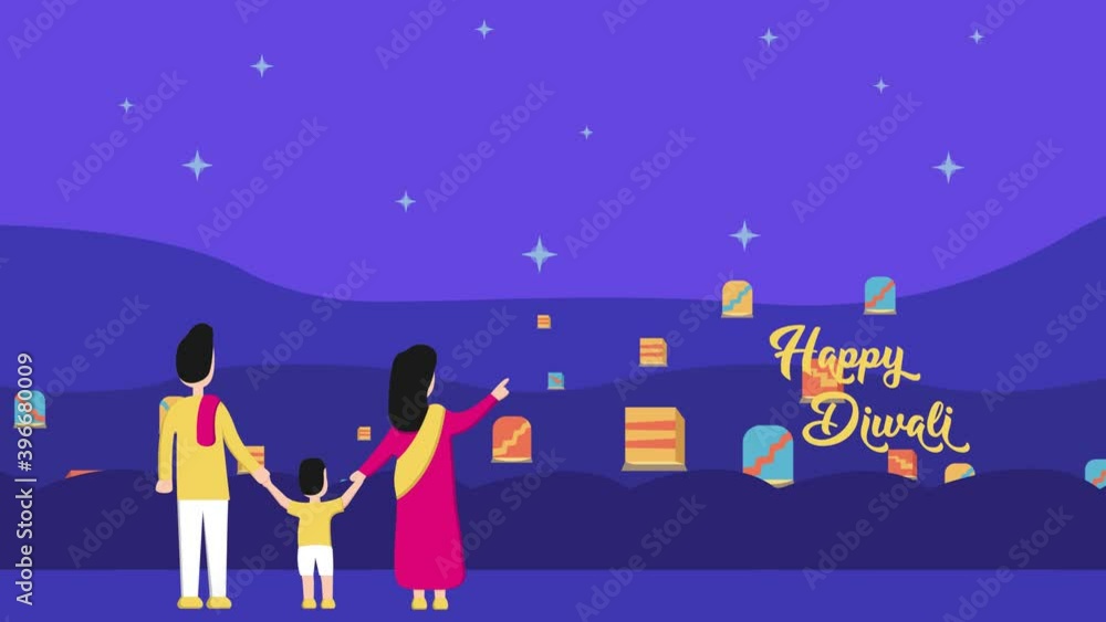 Happy Indian family animation looking at flying lantern while standing together with Happy Diwali text. Shot in 4k resolution Happy Indian family animation looking at flying lantern while standing together with Happy Diwali text. Shot in 4k resolution