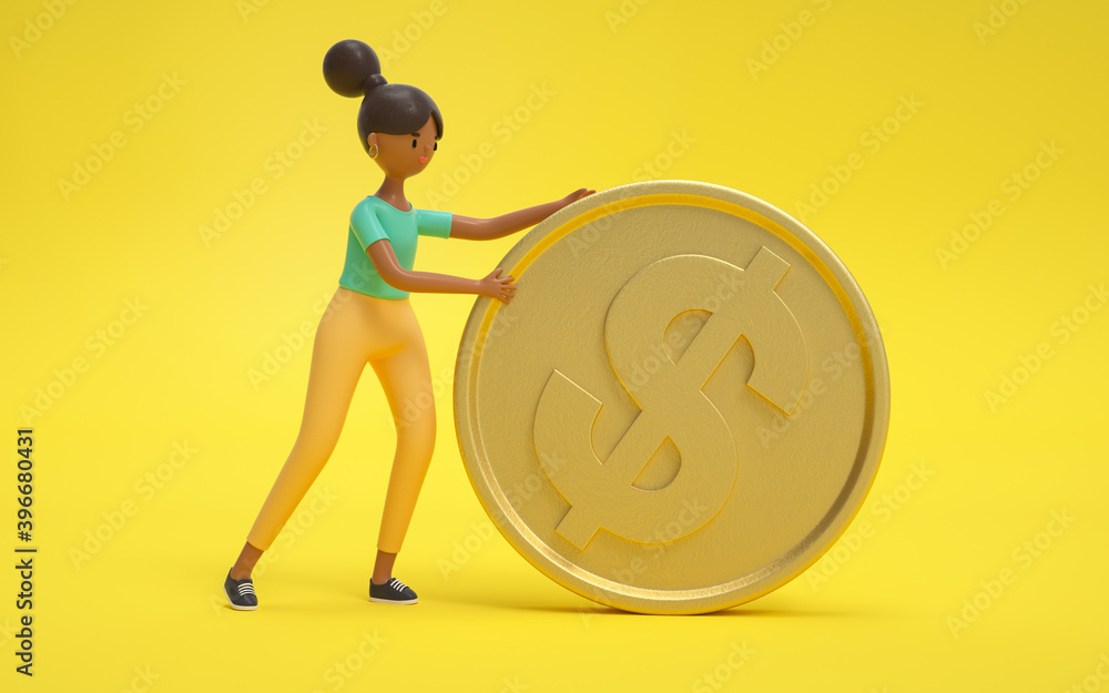 A woman is rolling a golden dollar coin. Earning, saving and investing money concept. 3d rendering,conceptual image. A woman is rolling a golden dollar coin. Earning, saving and investing money concept. 3d rendering,conceptual image.
