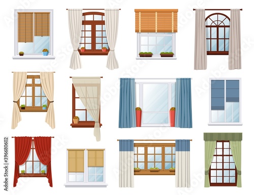 Windows with curtains and jalousie, vector interior design elements. White pvc and wooden brown sills, plastic windows frames with fabric drapery and roller blinds. Transparent home glasses set
