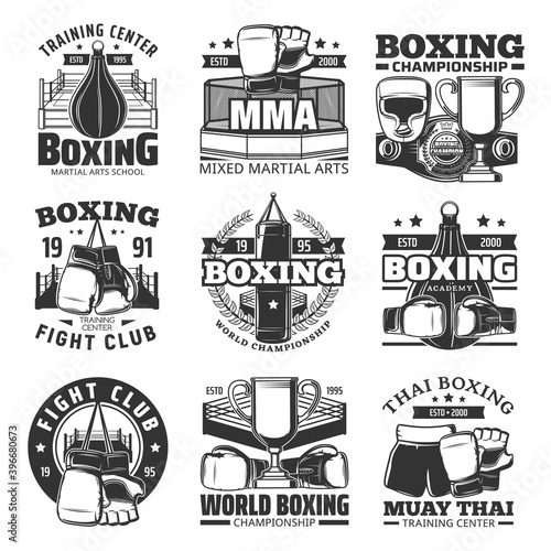 Boxing muay thai single combats vector icons. Thailand kickboxing martial arts and fighting sport  muay thai boxers club and training center  championship belt  boxing gloves and punching bag signs