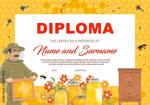 School diploma, certificate vector template with honey, beekeeper with frame, bees and honeycombs. Cartoon education or kindergarten frame with flowers and wooden hives with glass jars, kids diploma