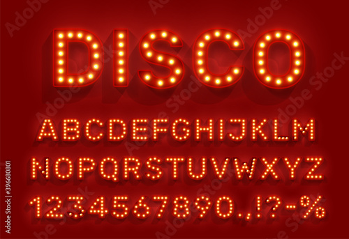 Disco type font with glowing light bulbs, vector alphabet letters, digits and punctuation marks on red background. Glow retro abc uppercase characters, electric vintage disco night style signs set