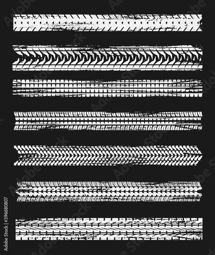 Tire prints, tyres track isolated grunge vector car treads white marks. Rally, motocross bike protectors, vehicle, transportation dirty wheels trace. Abstract monochrome pattern, graphic texture set